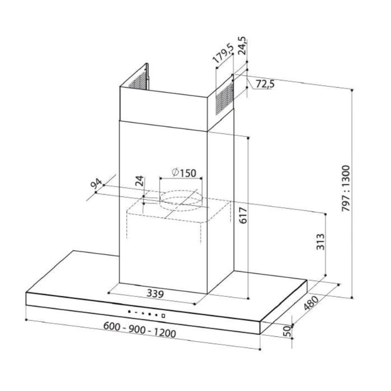 Kích thước máy hút mùi áp tường Upscale P5 WALL MOUNT