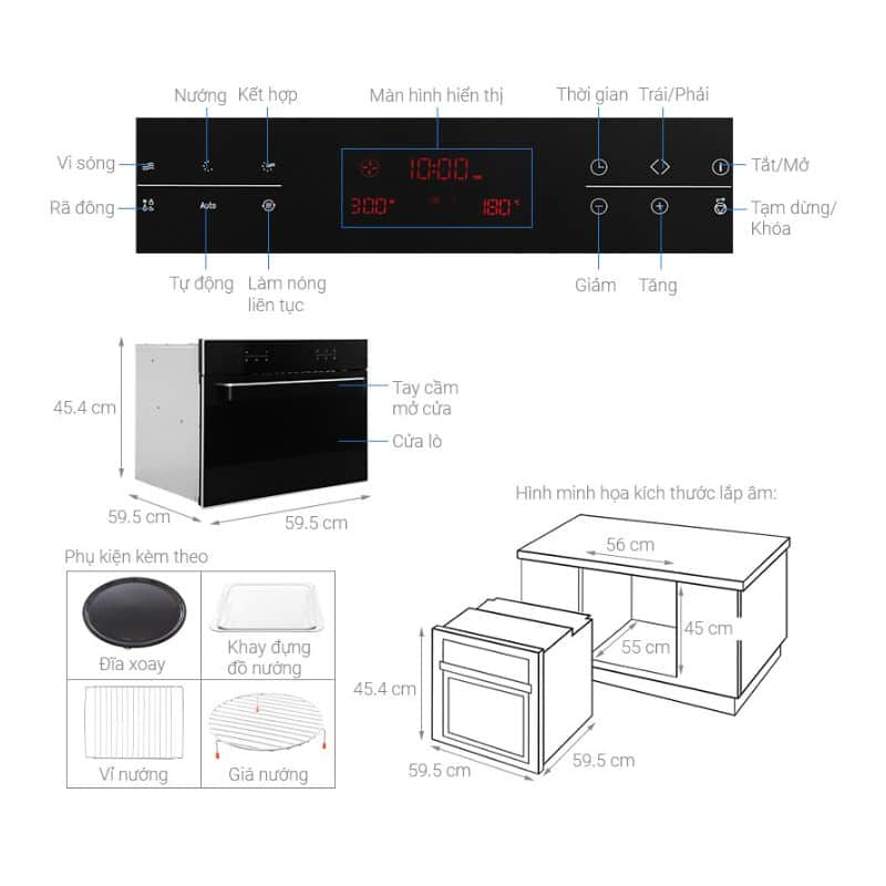 Kích thước lò nướng kết hợp vi sóng âm tủ ICONIC Hafele 535.02.731