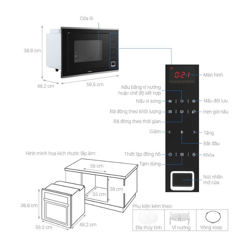Kích thước lò vi sóng kết hợp nướng âm tủ Hafele HM-B38C 538.01.111